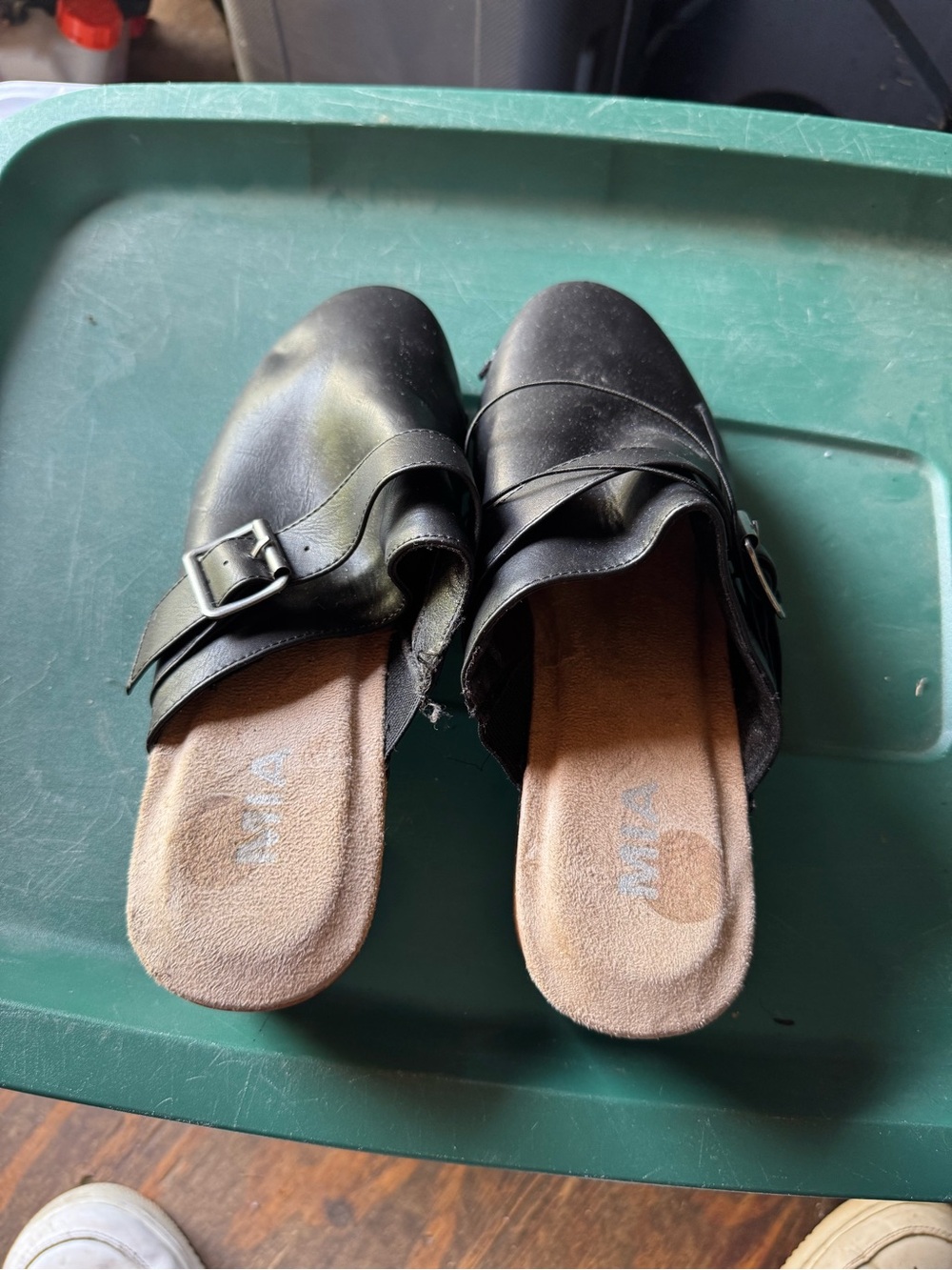 MIA Black Buckle Slip-On Leatherette Mules